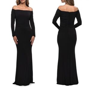 La Femme 28054 Off Shoulder Long Sleeve Ruched Gown in Black Size 8 NWT